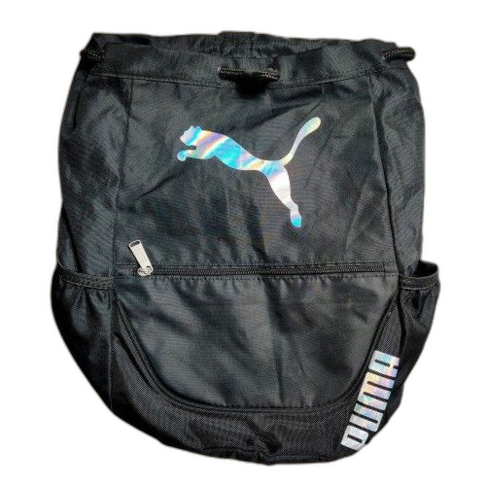 PUMA Black Drawstring Sling Backpack Reflective Logo Adjustable Straps Gym Bag